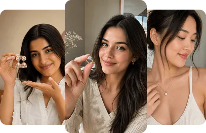 Product-holding AI avatar presenting jewelry